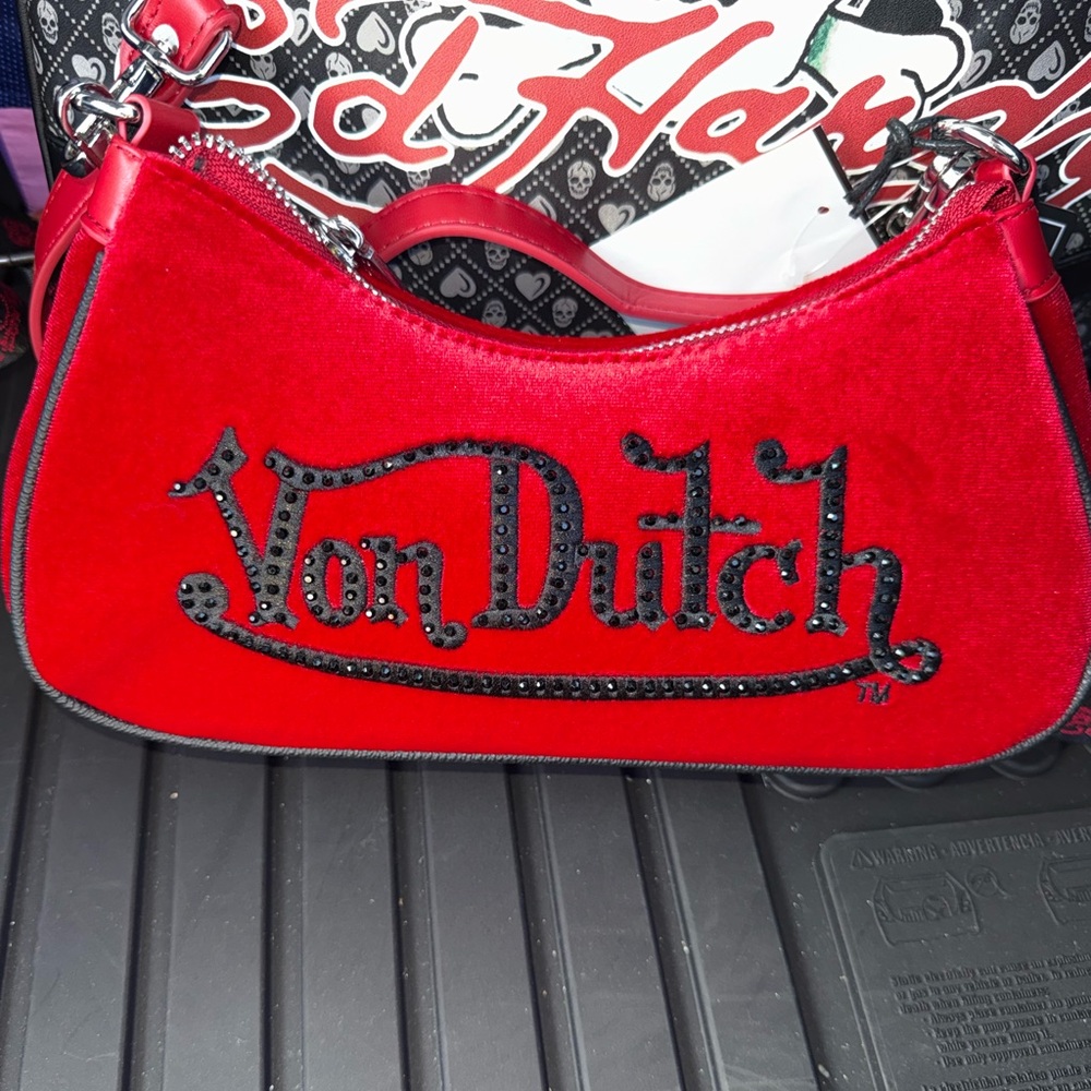 Von Dutch Red And Black Rhinestone Velour Velvet Shoulder Bag
